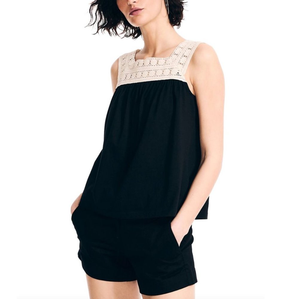 NAUTICA | NWT Black Cotton Tank Top with Cream Crochet Neckline | Size M